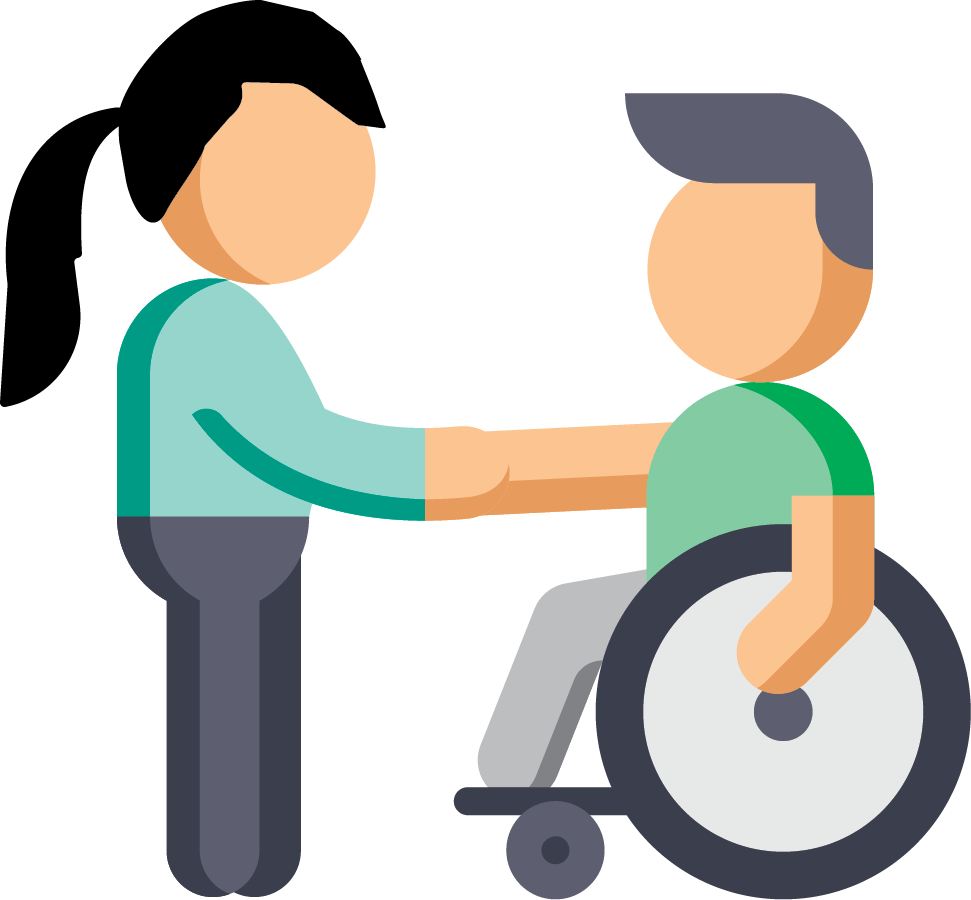 Standing woman shaking man in wheelchair's hand icon