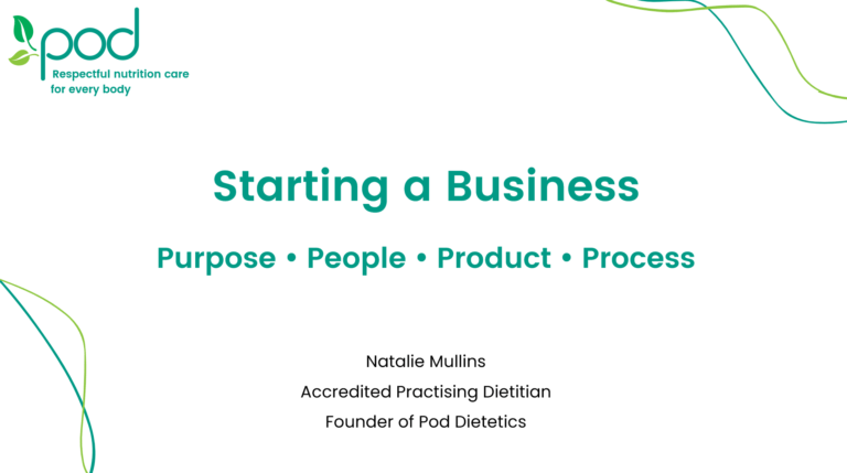 Promotional graphic with Pod Dietetics logo in the top left corner. The text 'Starting a Business - Purpose, people, product, process - Natalie Mullins, Accredited Practising Dietitian, Founder of Pod Dietetics' is centred in the graphic.
