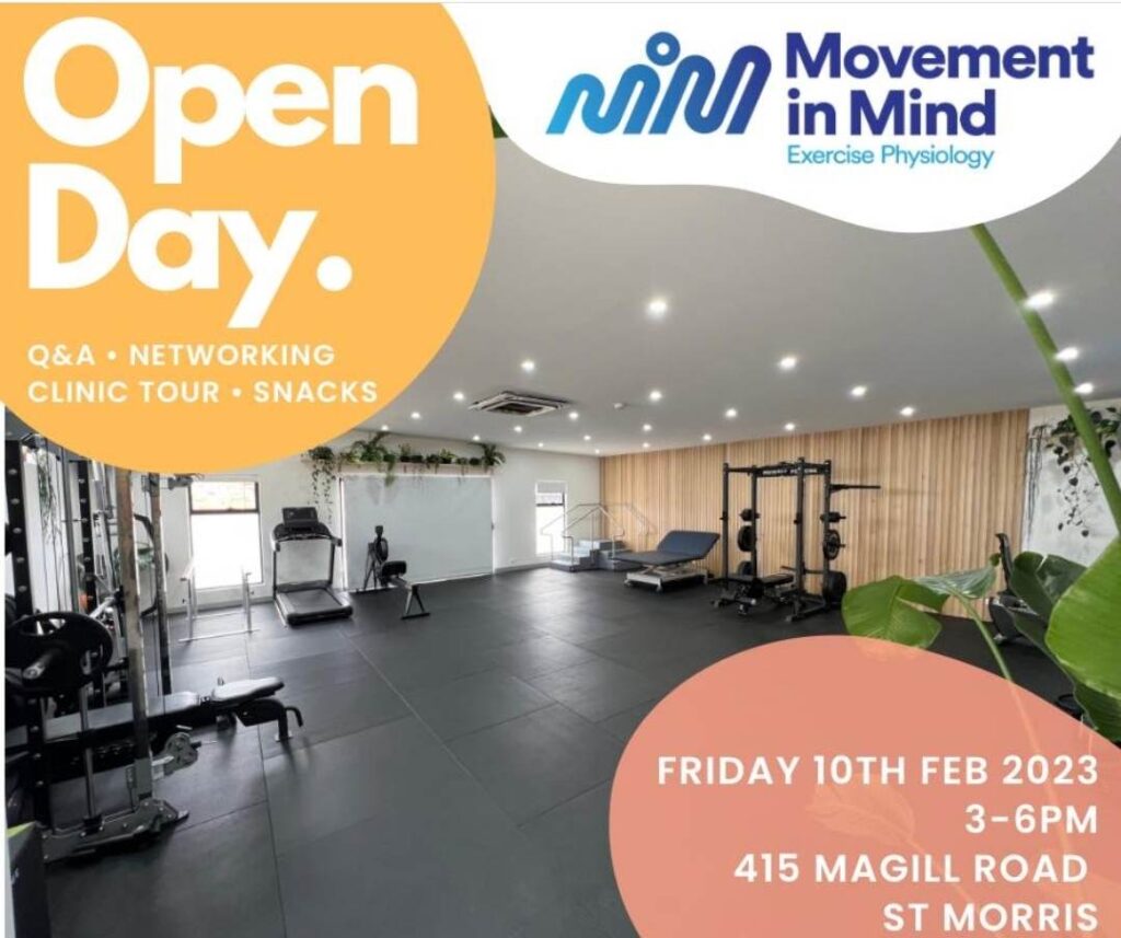 Promotional graphic with text 'Open Day. Q & A. Networking. Clinic Tour. Snacks' highlight. The text 'Friday 10th Feb 2023 3-6pm, 415 Magill Road, St Morris' is in the bottom right corner. The Movement in Mind logo is at the top of the graphic. The background photograph is of an exercise studio.